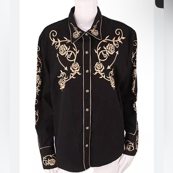 Scully Women’s Embroidered Western Shirt XL Black Roses Snap Front Rodeo - Picture 1 of 11